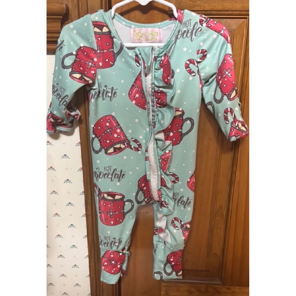 Kryssi Kouture Baby Girls Hot Chocolate Ruffle Sleeper Mint Green 6-12M Holiday